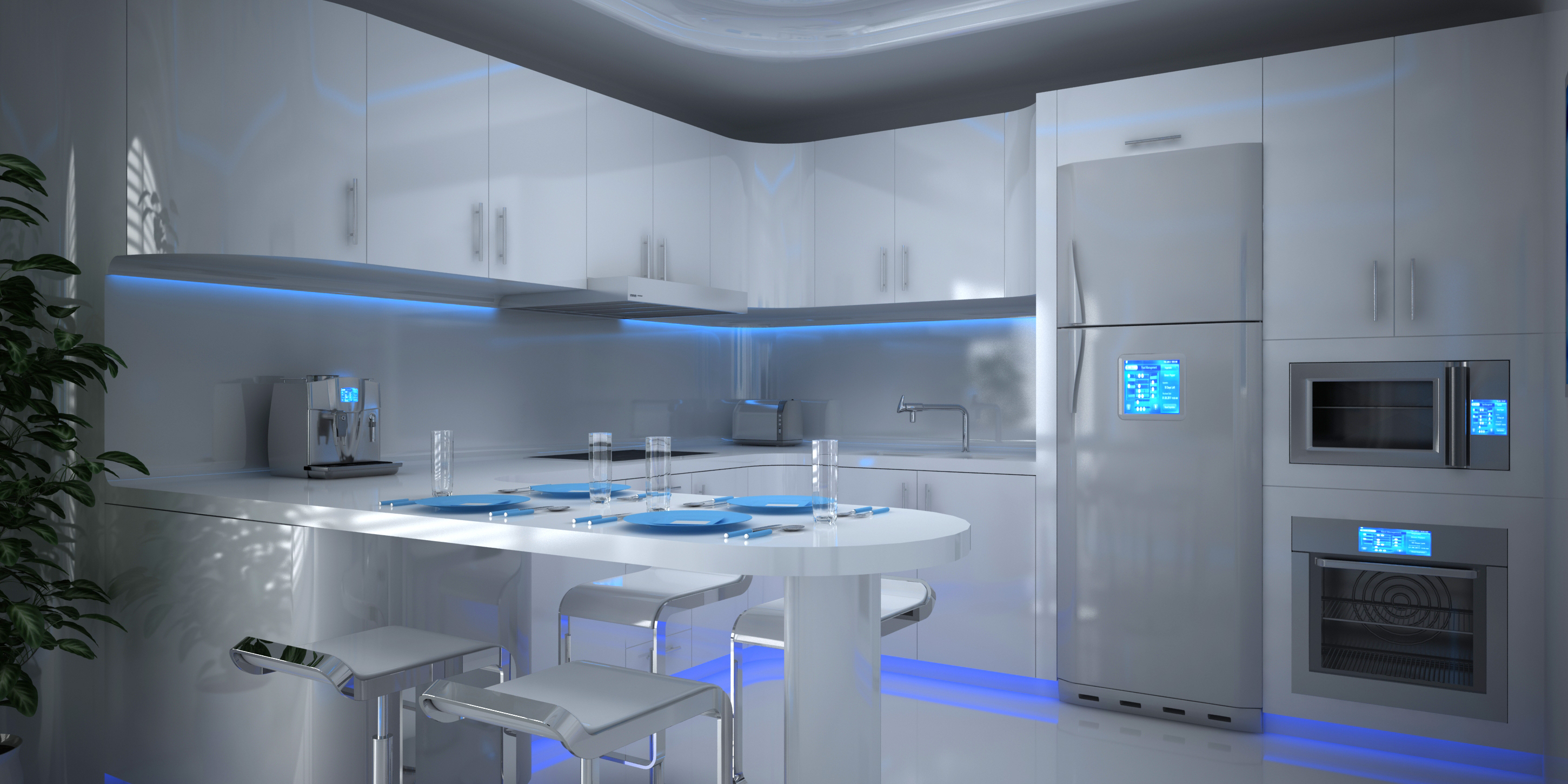 Modern kitchen space with several devices illuminated with blue light