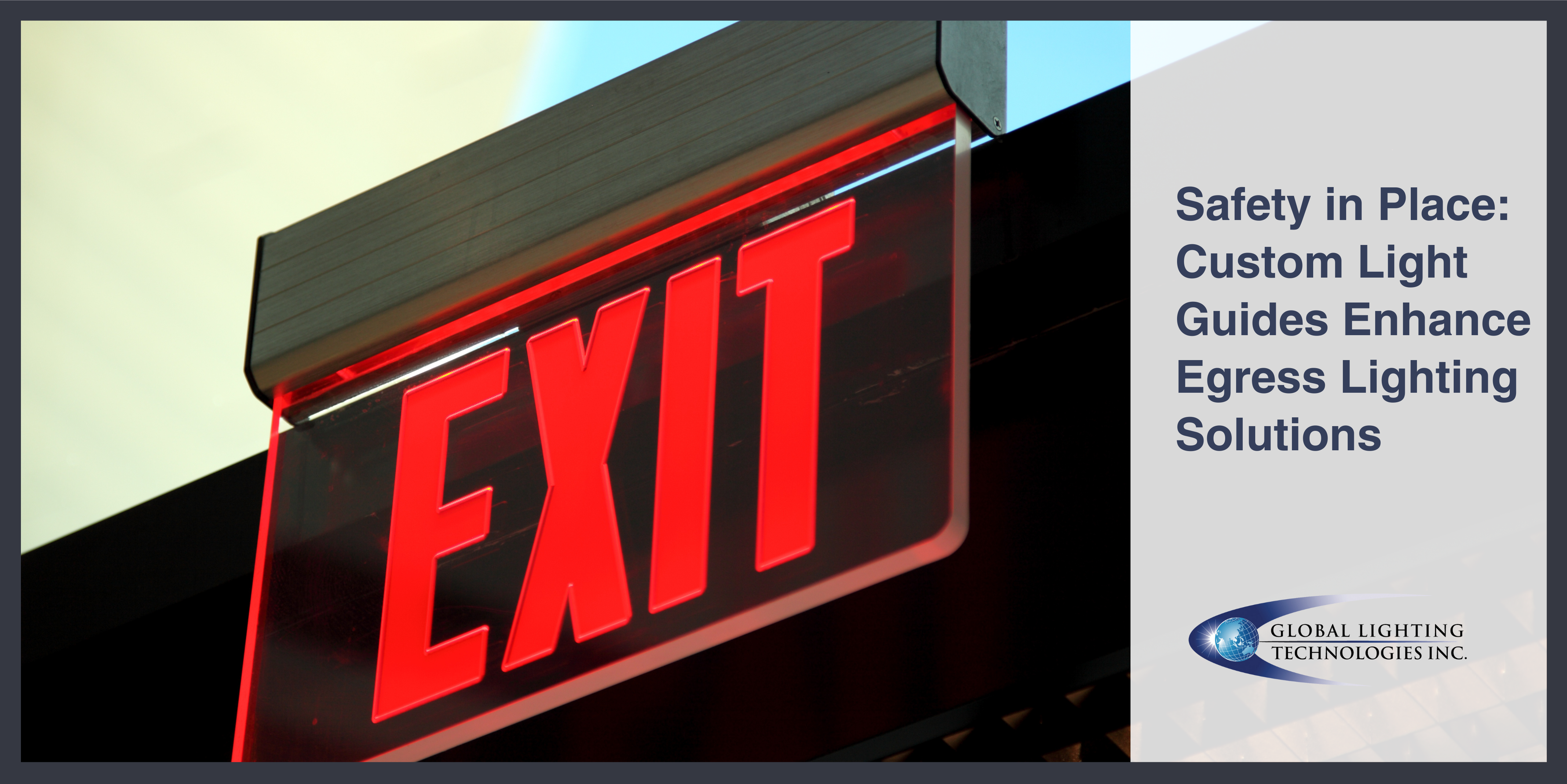 An egress lighting sign illuminates the word Exit in red and hangs from a wall above a window